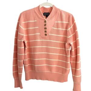 Lands' End Henley Striped Sweater Peach Pink Women Sz L 80s 90s Vintage